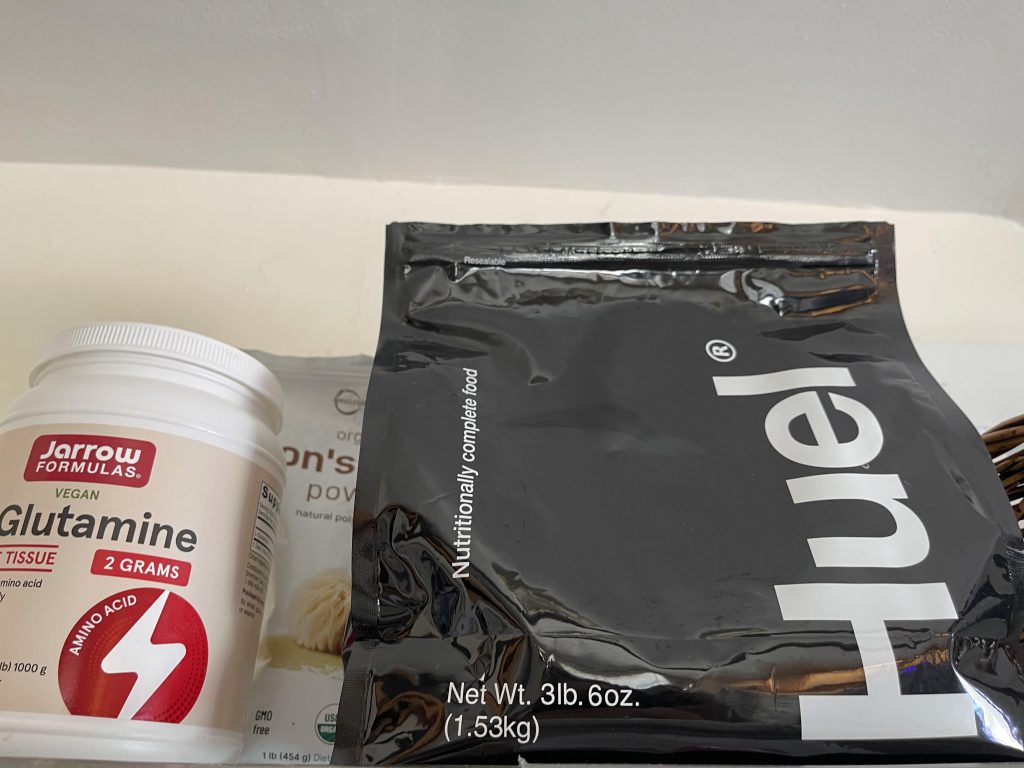 L-Glutamine, Lion's Mane powder, and Huel for a quick healthy breakfast