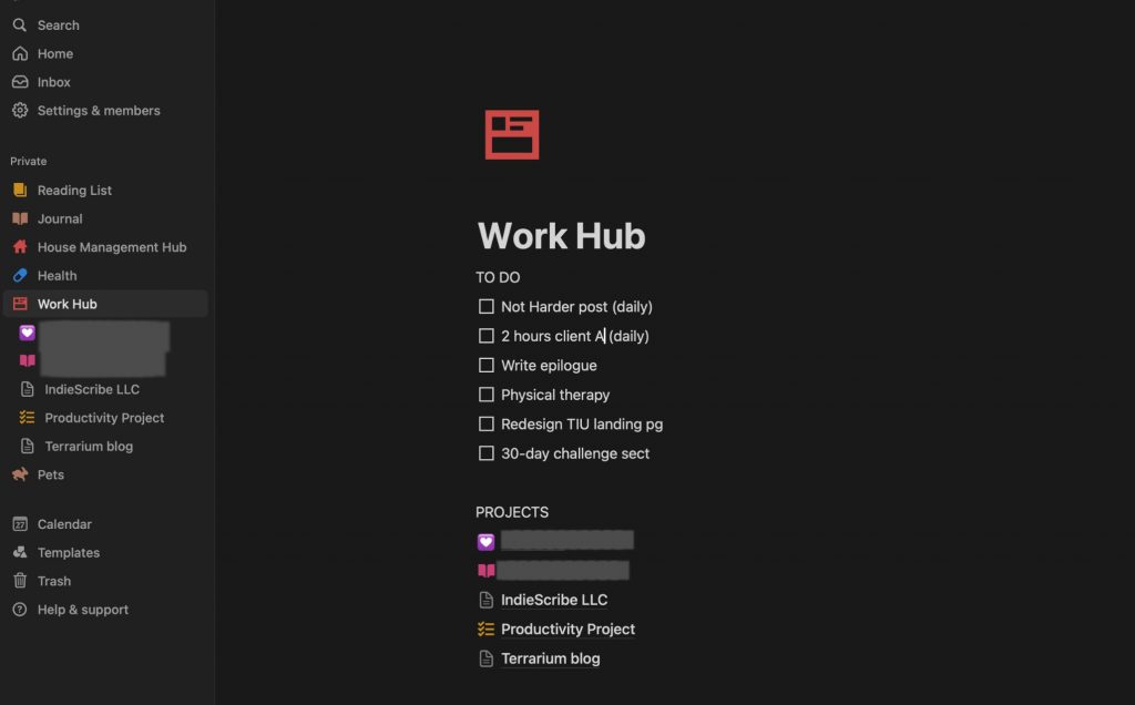 screenshot of my own notion work hub