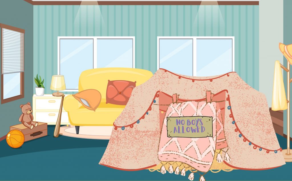 cartoon of a blanket fort with a "no boys allowed" sign hanging on the front