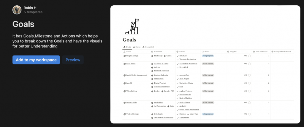 Notion goals template